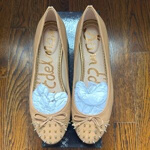 Sam Edelman Nude Leather Flats w/ Gold Spike Details and Bow